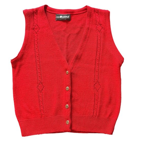 VTG Sweater Vest Cherry Red Academia Preppy Brass Tone Buttons - Picture 1 of 3